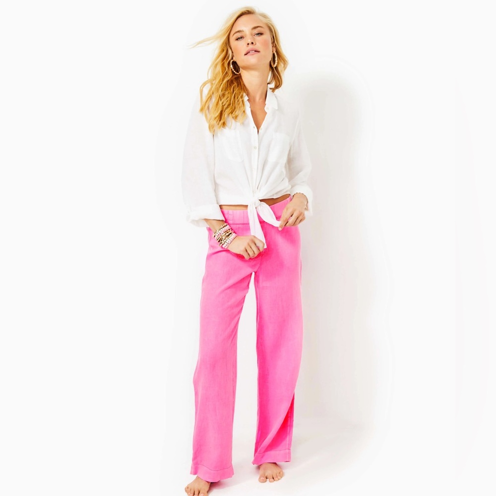 Lilly Pulitzer Derri Aura Pink Linen Pull On Mid Rise Wide Leg Palazzo Pants XL